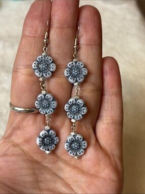 925 Artisan Czech Glass Floral Dangle Sterling Silver Earrings 3”